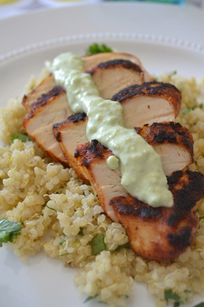 Blackened Chicken and Cilantro Lime Quinoa with a Cool Avocado-Yogurt Sauce