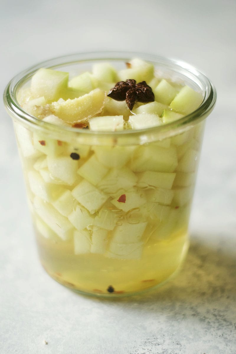 IPA Pickled Watermelon Rind with Ginger, Star Anise, and Peppers