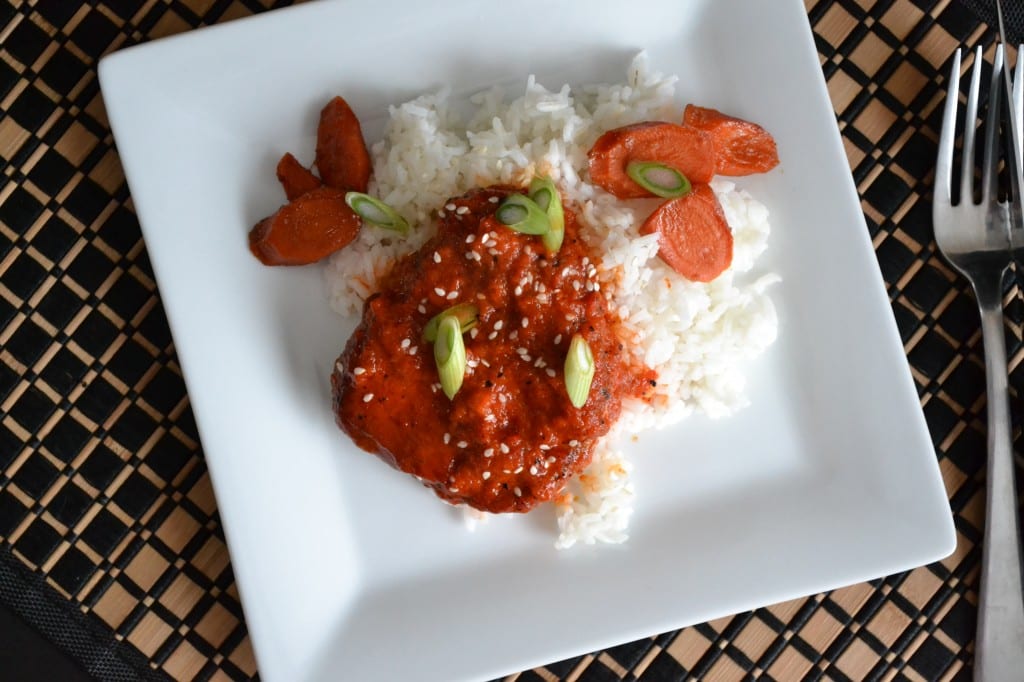 Spicy Sesame Pork and Candied Ginger Carrots on White Rice