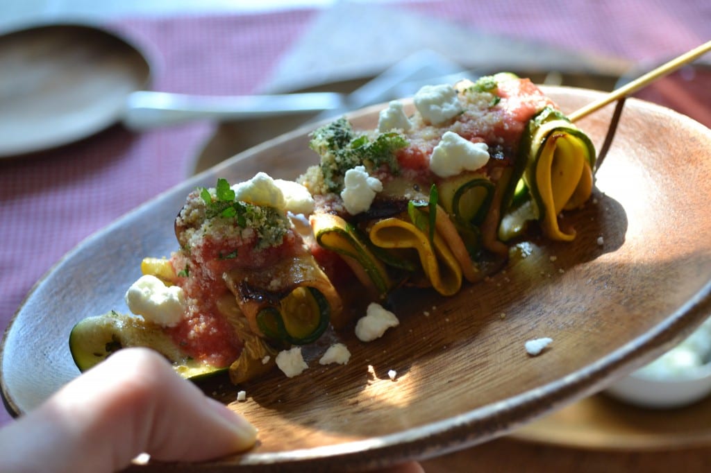 Deconstructed Grilled Ratatouille Skewer with Tomato Puree, GF Breadcrumbs, and Goat Cheese