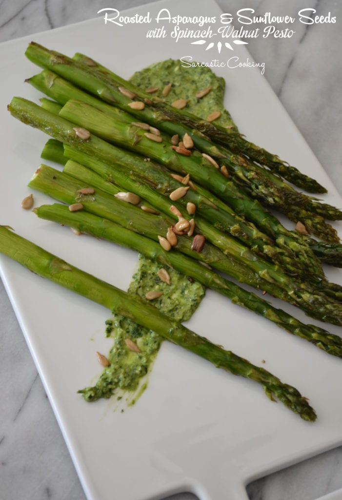 roasted asparagus and sunflower seeds with spinach-walnut pesto