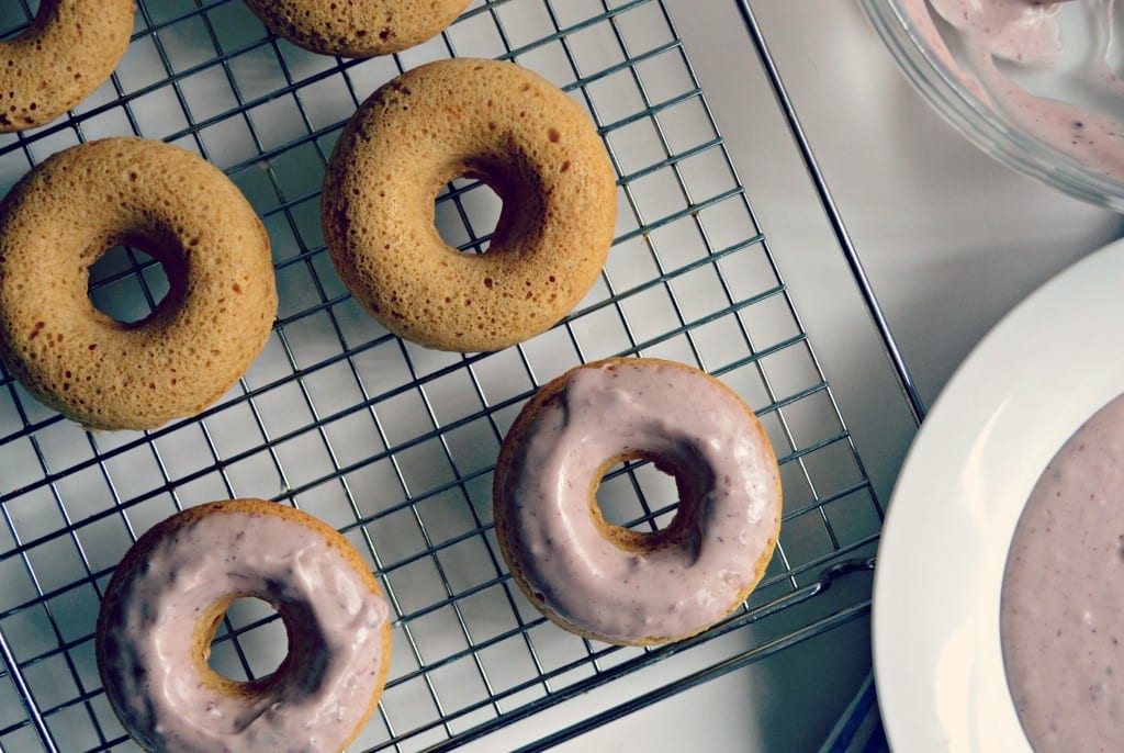 Baked Brown Butter Peanut Butter Doughnuts with Mixed Berry Jelly Icing