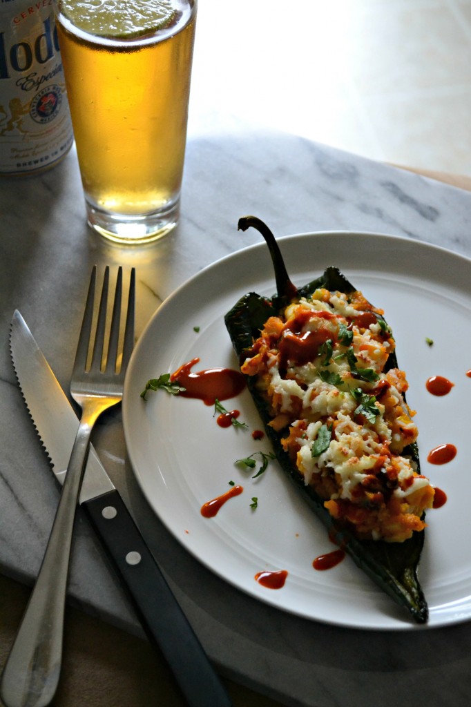 Corn and Sweet Potato Stuffed Poblano Peppers smothered in queso #vegetarian #glutenfree | Sarcastic Cooking