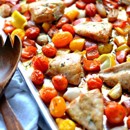 TrayBaked Balsamic Chicken with Peppers, Tomatoes, and Onions