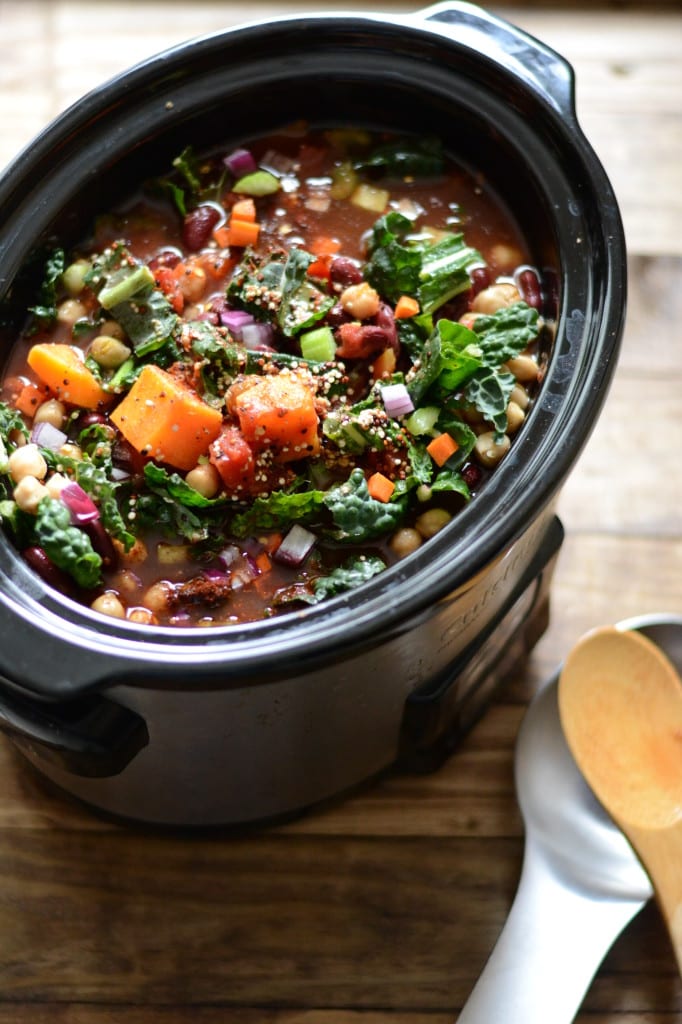 Slow cooker vegetarian chili packed with butternut squash, kale, quinoa, beans, and spices!