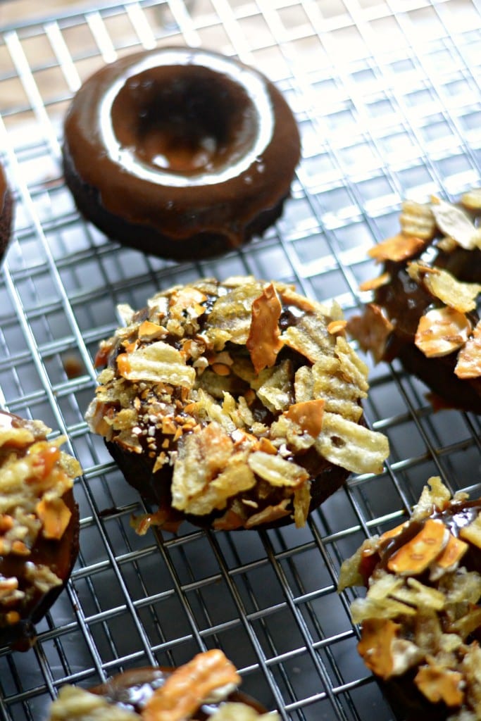 Late Night Munchie Doughnuts (chocolate cake doughnuts with salted caramel, pretzels, and chips) - Sarcastic Cooking