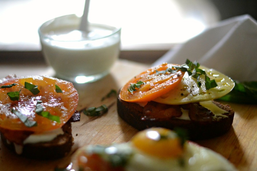 OpenFaced Heirloom Tomato and Whipped Feta Breakfast Sandwiches