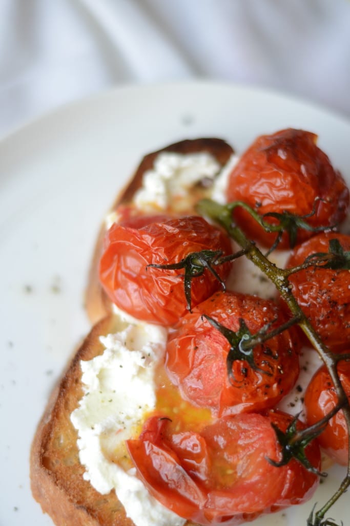 Roasted Burst Tomatoes on Garlic Bread Toast with Ricotta