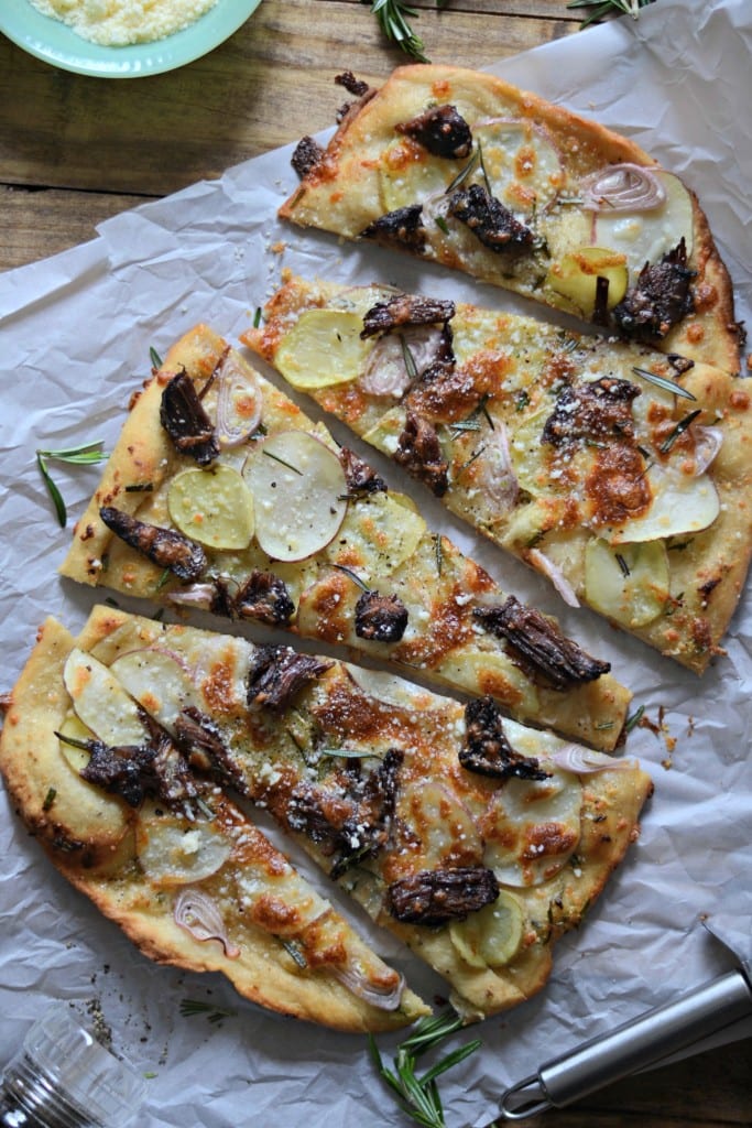 Steak and Potato Pizza (braised short rib, crispy potatoes, 7 shallots on a garlic herb butter crust) - Sarcastic cooking