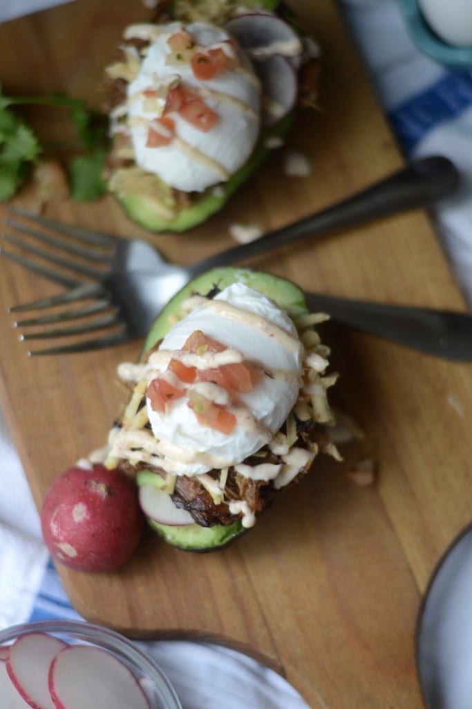 Carnitas Eggs Benedict with Chipotle Crema in Avocado Halves - Sarcastic Cooking