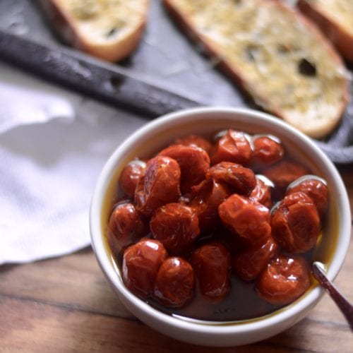 Roasted Tomatoes in Garlic Olive Oil with Pesto Crostini Sarcastic