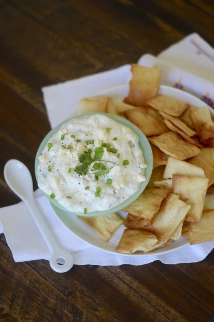 Chive, Cilantro, Cucumber, & Feta Greek Yogurt Dip with Pita Chips | Sarcastic Cooking