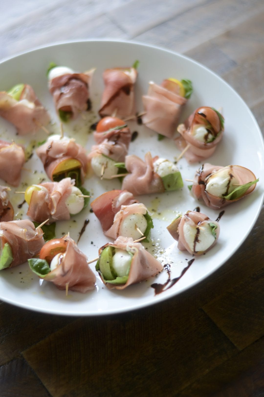 Last Minute Labor Day Recipe Idea - Mini Heirloom and Prosciutto Caprese skewers