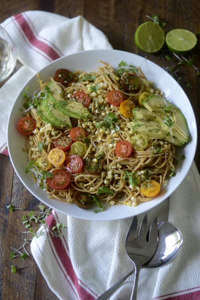 Avocado, Charred Corn, & Heirloom Tomato Pasta with Cilantro-Chili-Lime Sauce | Sarcastic Cooking