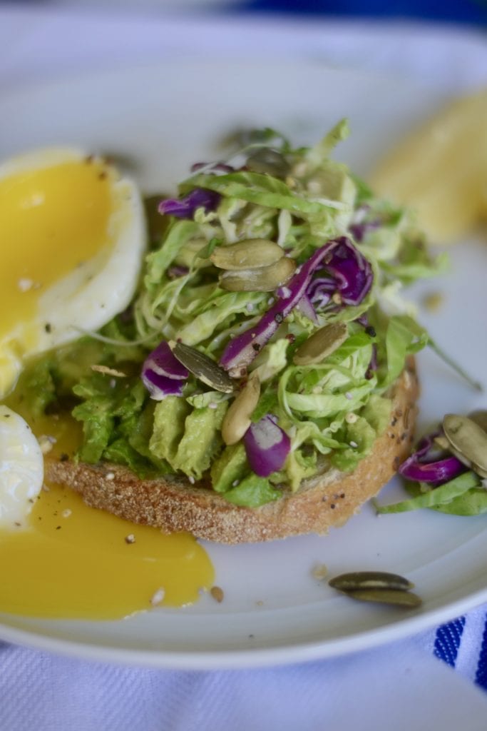 avocado toast with quick brussels sprout slaw and soft boiled egg