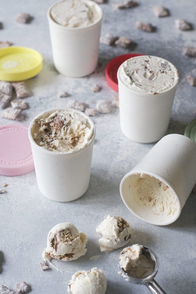 muddy buddies, nutella, and peanut butter swirl no-churn ice cream