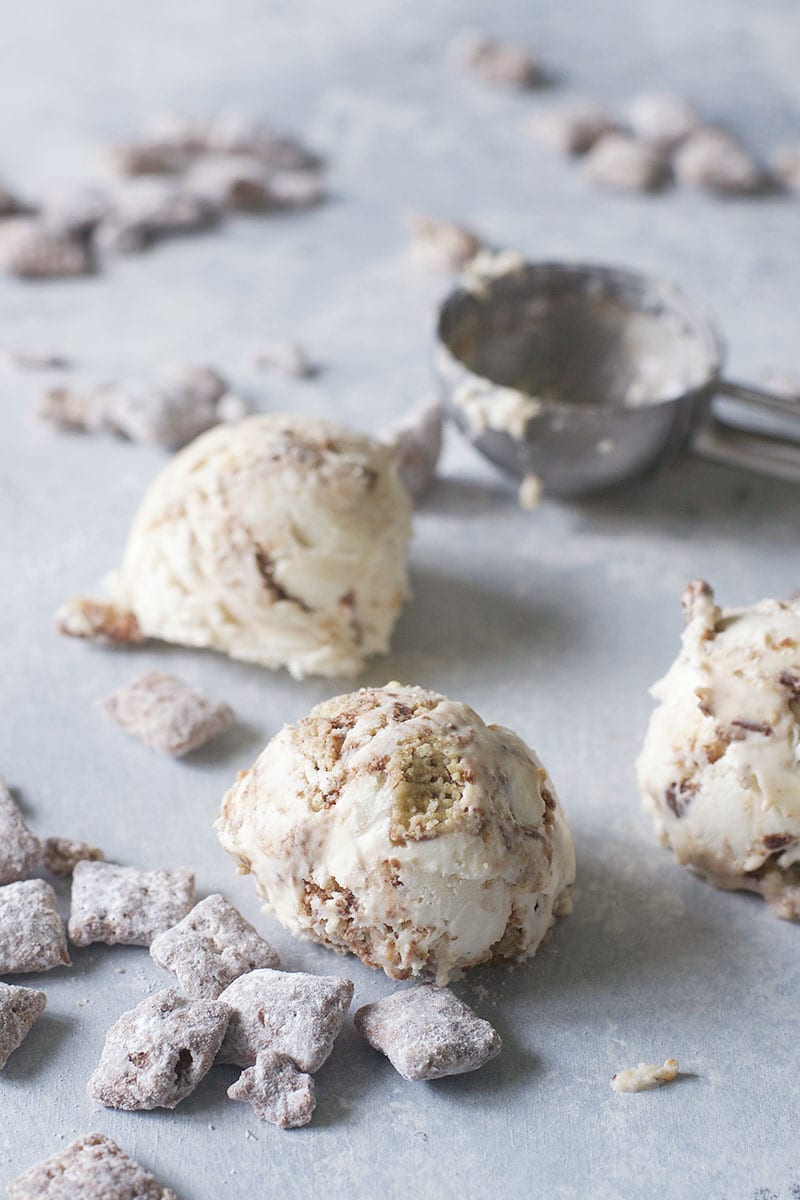 Muddy Buddies, Nutella, and Peanut Butter Swirl No-Churn Ice Cream