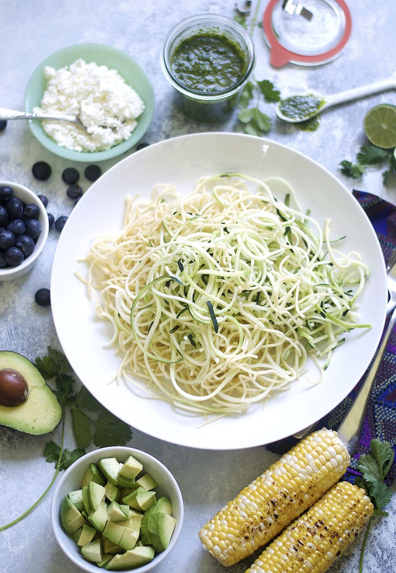 Avocado, Blueberry, Charred Corn Pasta Salad with Zucchini Noodles
