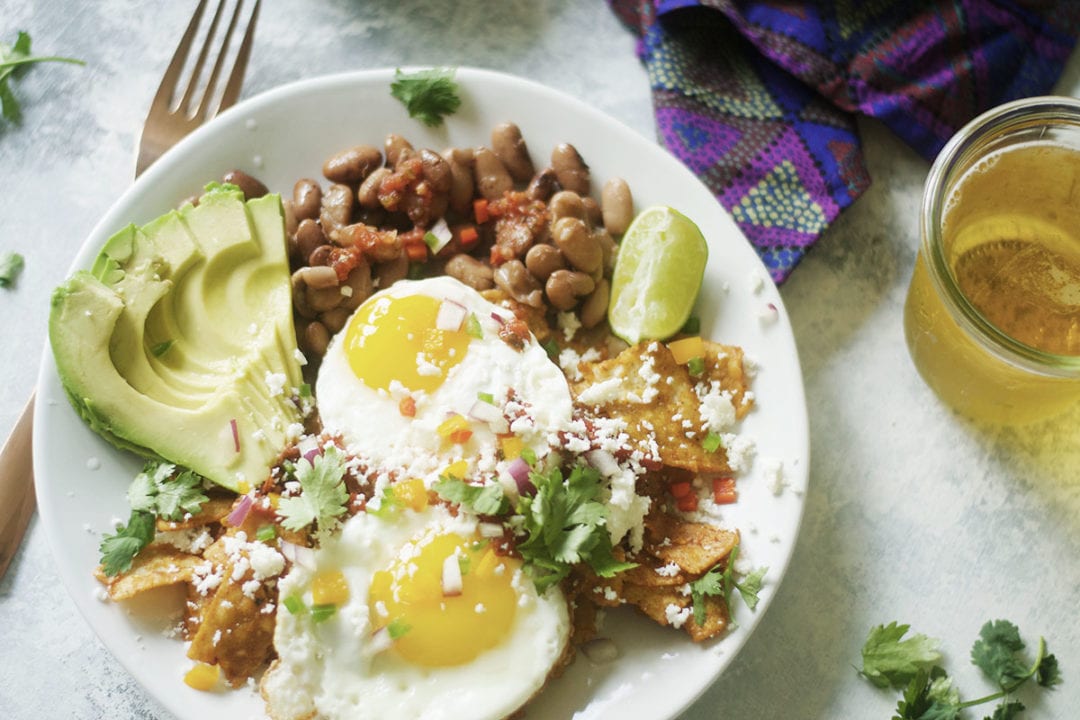 mexican breakfast platter eggs plate beans garnish pinto fried chilaquiles garlic however homemade really