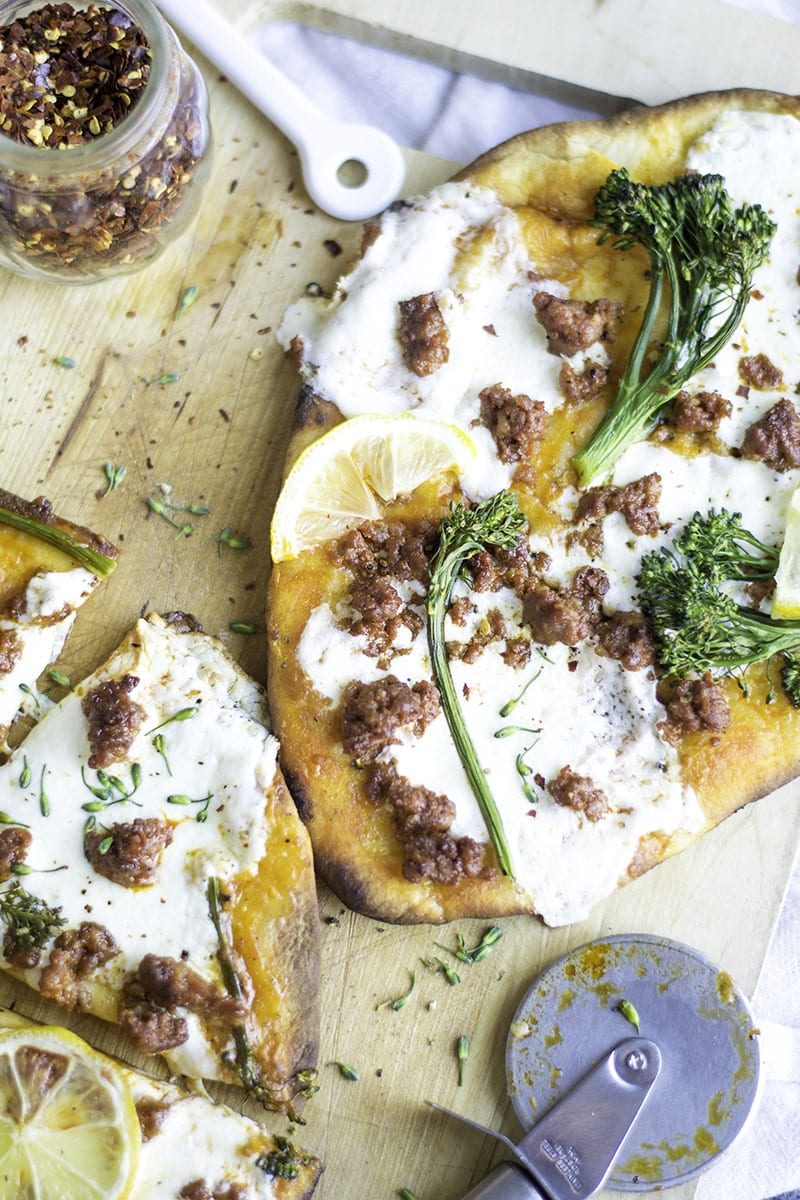 chorizo flatbread pizza with broccolini