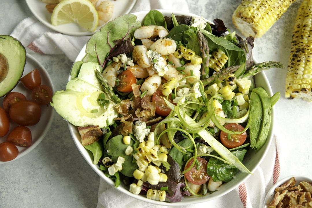 Asparagus, Avocado, Bacon, Blue Cheese, Corn, Tomato, Shrimp Salad - Sarcastic Cooking