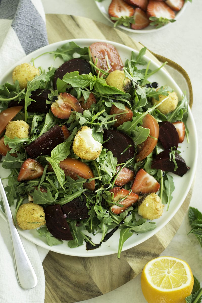 beet, strawberry, and fried mozzarella salad