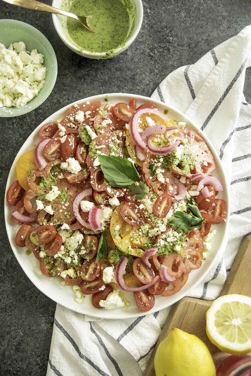 Marinated Tomat and Feta salad with Basil Vinaigrette and Pickled Red Onions | Sarcastic Cooking