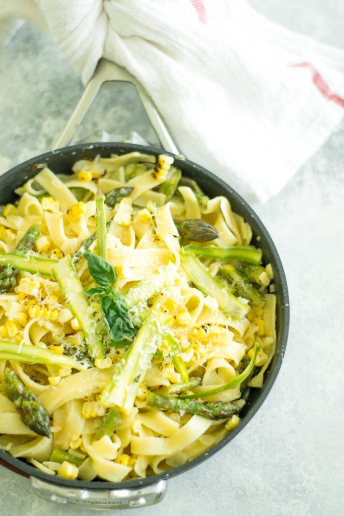 Charred Corn and Asparagus Fettuccine with Buttermilk Cream Sauce