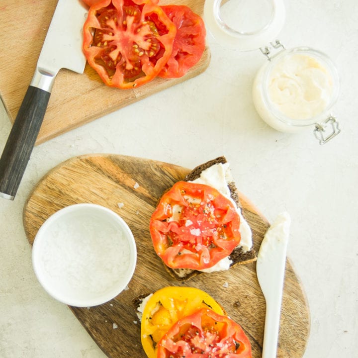 open faced heirloom tomato and lemon horseradish mayo sandwiches | sarcastic cooking