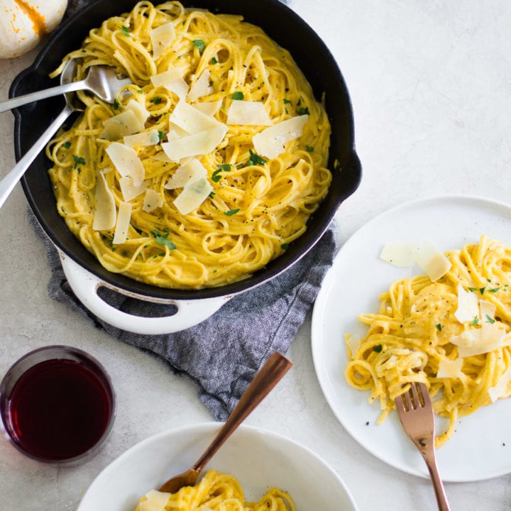Autumnal Alfredo - made with butternut squash, pumpkin puree, cream, and parmesan cheese | Sarcastic Cooking