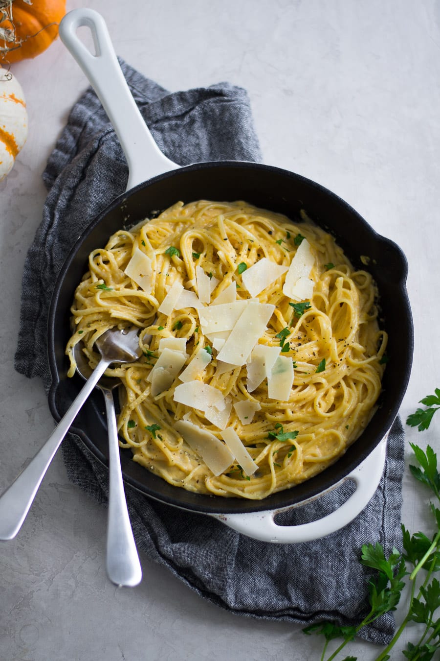 Autumnal Alfredo made with butternut squash, pumpkin puree, cream, and parmesan cheese | sarcastic cooking