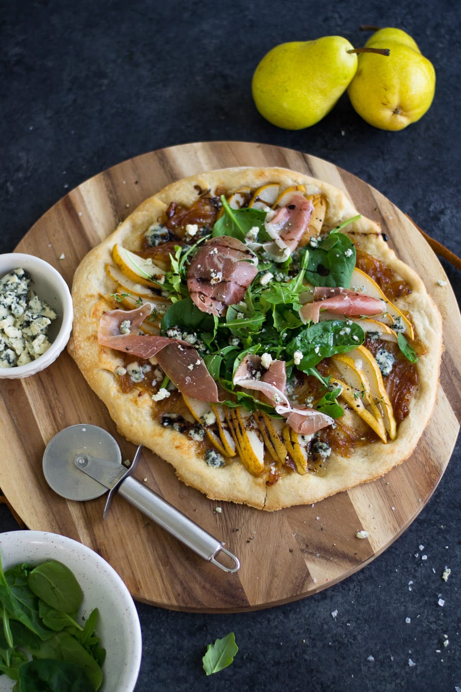 Apple Cider Caramelized Onion, Pear & Blue Cheese Pizza with Prosciutto and Greens | The Ultimate Fall Pizza - Sarcastic Cooking