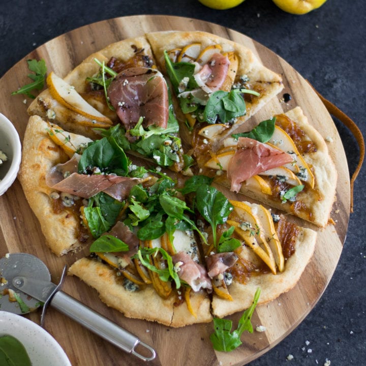 Apple Cider Caramelized Onion, Pear & Blue Cheese Pizza with Prosciutto and Greens | The Ultimate Fall Pizza - Sarcastic Cooking