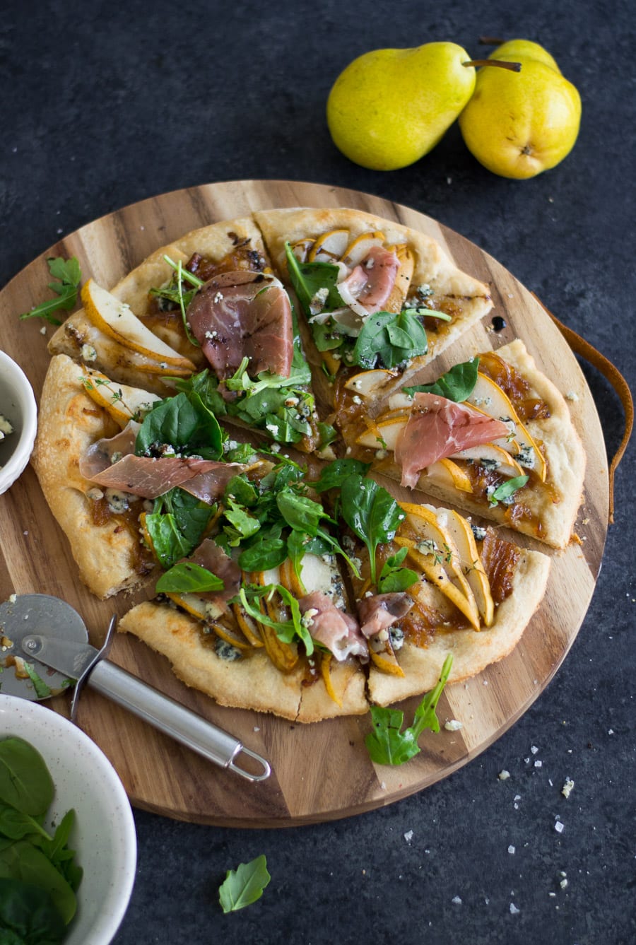 Apple Cider Caramelized Onion, Pear & Blue Cheese Pizza with Prosciutto and Greens | The Ultimate Fall Pizza - Sarcastic Cooking