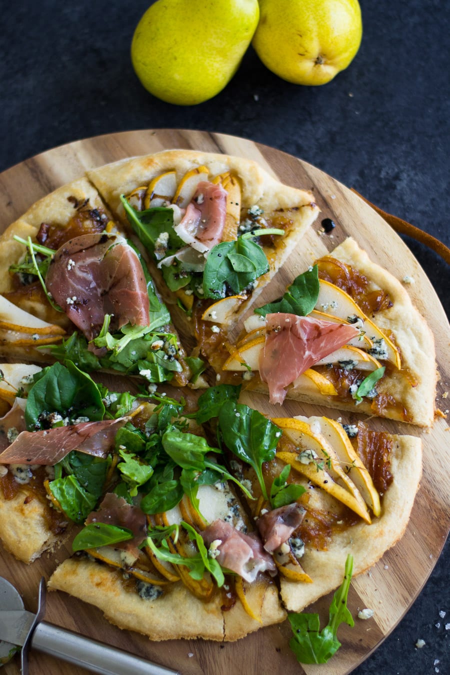 Apple Cider Caramelized Onion, Pear & Blue Cheese Pizza with Prosciutto and Greens | The Ultimate Fall Pizza - Sarcastic Cooking