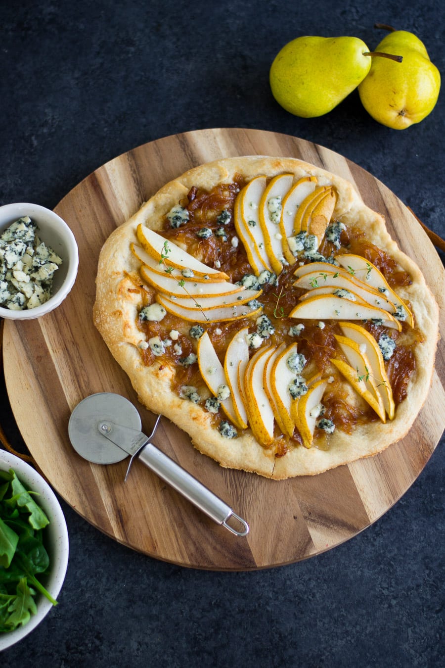 Apple Cider Caramelized Onion, Pear & Blue Cheese Pizza with Prosciutto and Greens | The Ultimate Fall Pizza - Sarcastic Cooking