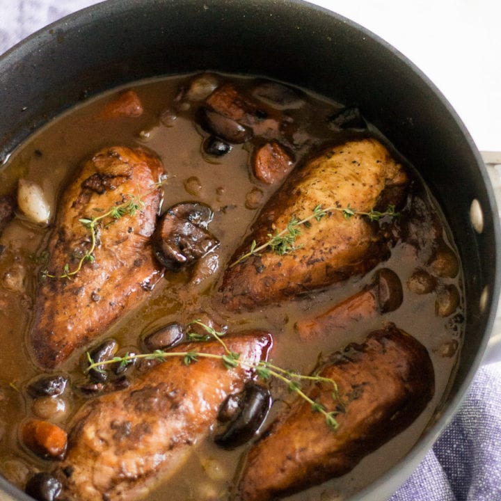 Coq au Vin - Red wine braised chicken with carrots, mushrooms, and onions | Sarcastic Cooking #onepotmeal #slowcooker #chickendinner