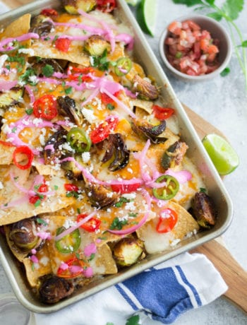 Roasted Brussels Sprout Nachos with Garlic Beet Cream | Sarcastic Cooking