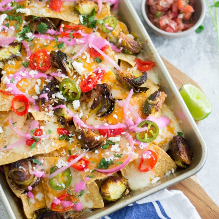 Roasted Brussels Sprout Nachos with Garlic Beet Cream | Sarcastic Cooking