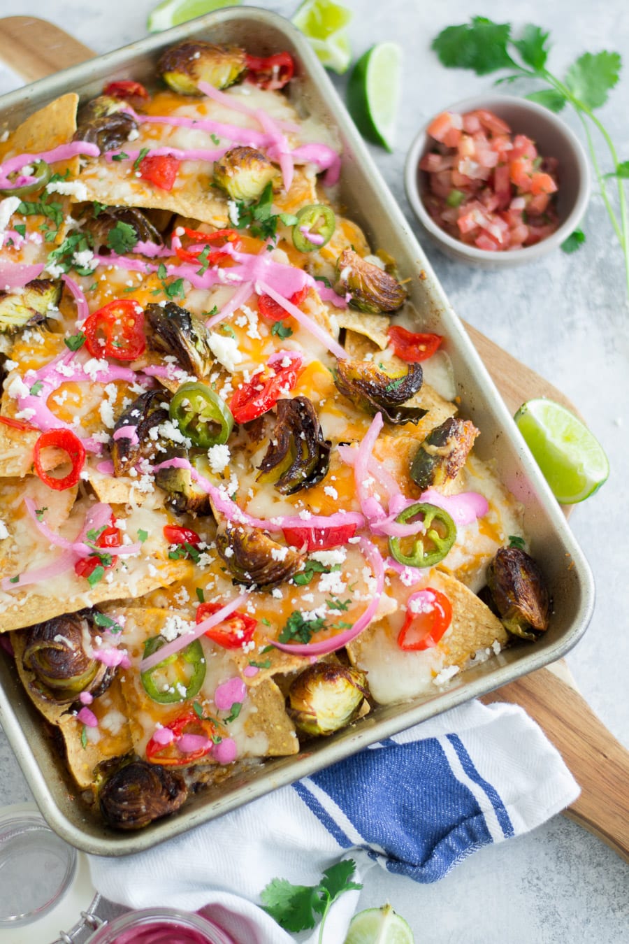 Roasted Brussels Sprout Nachos with Garlic Beet Cream | Sarcastic Cooking