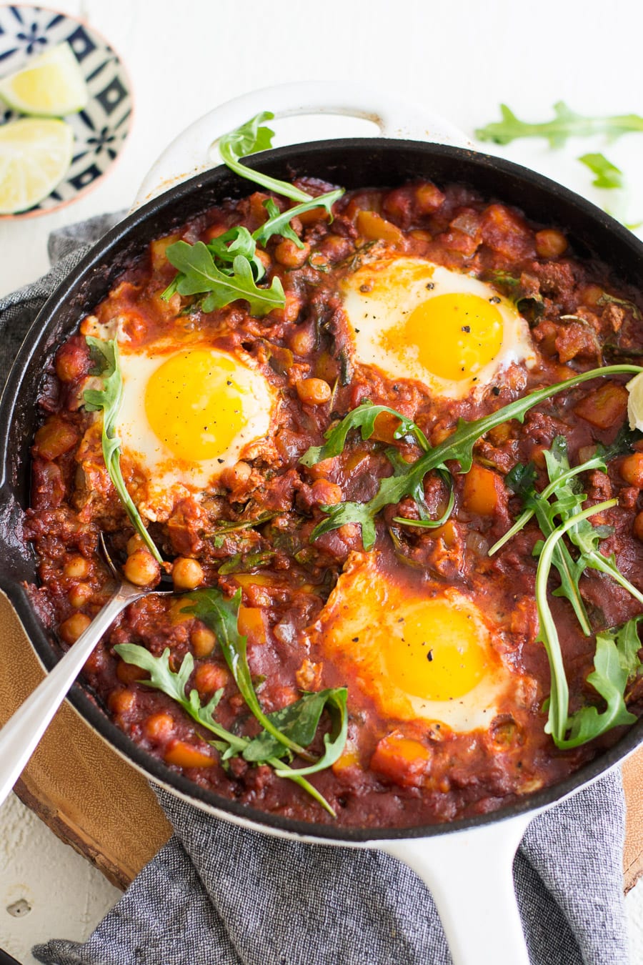 Chickpea and Chorizo Shakshuka (eggs cooked in spicy tomato sauce with chorizo, chickpeas, bell pepper, and onions) | Sarcastic Cooking
