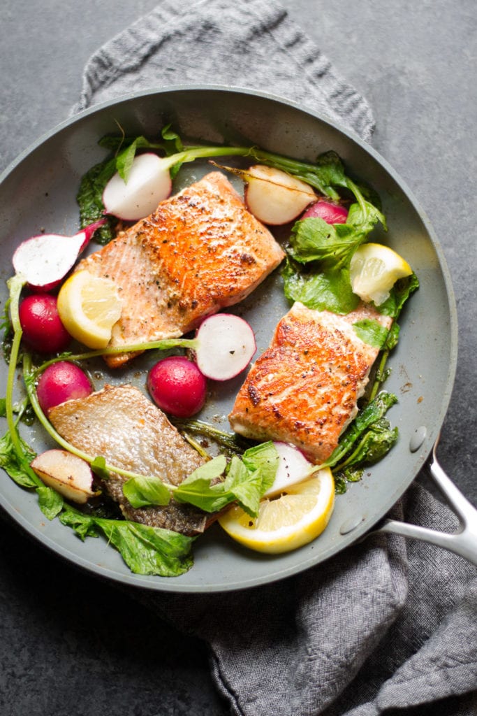 One pan of brown butter salmon and radishes | sarcastic cooking