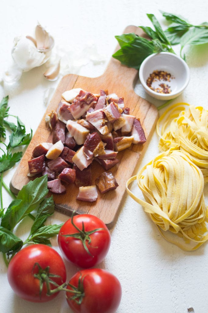 Crispy Pork and Tomato Pasta Dish Ingredients | Sarcastic Cooking