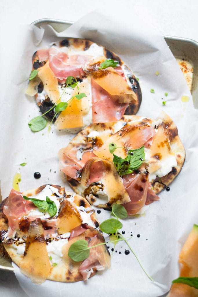 Grilled Flatbread Pizza with Burrata, Melon, & Prosciutto | Sarcastic Cooking