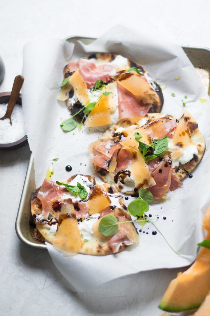 Burrata, Melon, Prosciutto Grilled Flatbread Pizzas | Sarcastic Cooking