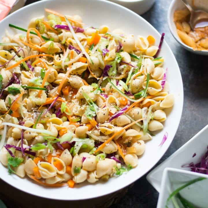 Asian Kimchi Pasta Salad (vegetarian and gluten free) | Sarcastic Cooking