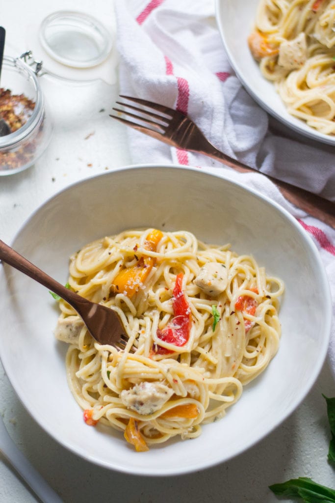 Creamy Instant Pot Chicken and Roasted Red Pepper Spaghetti | Sarcastic Cooking