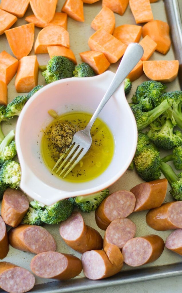 Honey Mustard Sheet Pan Kielbasa, Broccoli, and Sweet Potatoes