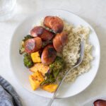 Honey Mustard Sheet Pan Kielbasa, Broccoli, and Sweet Potatoes