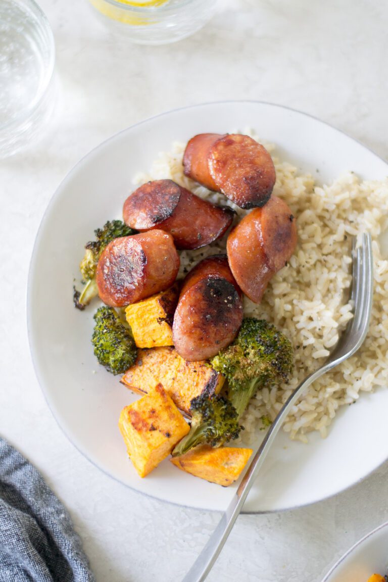 Honey Mustard Sheet Pan Kielbasa, Broccoli, and Sweet Potatoes